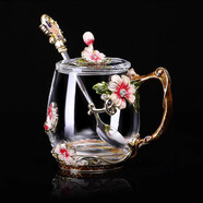 Luxury Flowers琺瑯彩水晶玻璃杯新款女士高顏值家用花茶杯子高檔辦公室精致水杯 矮杯+勺+蓋-簡(jiǎn)裝