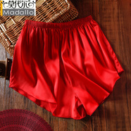 莫代爾蘇繡肚兜套裝雙層仿真絲綢吊帶女性純手工古風(fēng)繡花露背式內衣睡衣 紅色短褲 均碼 (80-180斤左右)