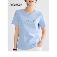 BCMDM香港潮牌休閑絲光棉T恤女 2025夏季新款正肩寬松顯瘦簡約運(yùn)動短袖 冰湖藍(lán)色 M 建議80-105斤