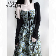 舒芳蝶（shufangdie）法式復(fù)古油畫風(fēng)碎花吊帶連衣裙兩件套裝女夏小個(gè)子收腰高級(jí)感長(zhǎng)裙 吊帶裙+開衫【套裝】 L