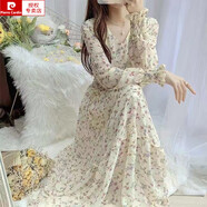 皮爾卡丹（pierre cardin）2026新款春秋裝長(cháng)袖收腰顯示高腰韓版V領(lǐng)裙子碎花雪紡連衣裙長(cháng)款 米色 M