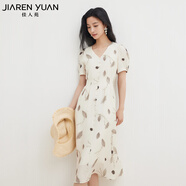 佳人苑連衣裙女2025年夏季新款V領(lǐng)排扣裝飾側(cè)邊拉鏈壓褶袖籠印花裙身 黑米 L