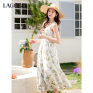 LAGOGO度假風(fēng)收腰連衣裙女拉谷谷2025年夏季新款仙氣印花吊帶長(cháng)裙 混色 L