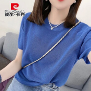皮爾卡丹（pierre cardin）歐洲站薄款圓領(lǐng)2025新款冰絲針織衫簡(jiǎn)約短袖t恤女洋氣純色上衣潮 深藍色 M 85-99斤
