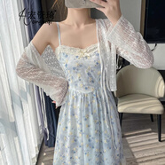 宏資琦碎花吊帶連衣裙女裝2025夏季新款法式初戀拼接刺繡長裙子兩件套裝 藍(lán)色吊帶裙+白色開衫 S