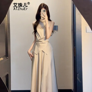 艾珠兒（Aizhuer）2025新款御姐高級(jí)感穿搭無袖連衣裙子女夏季法式氣質(zhì)收腰套裝長(zhǎng)裙 杏色 M