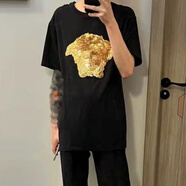 DKPQ瓦薩琪夏季新款美杜莎亮片短袖t恤男精神小伙時(shí)尚潮流休閑百搭 黑色珠片美杜莎短袖 M