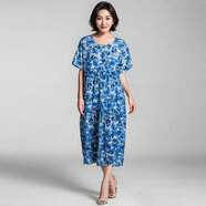 Mapping香港輕奢女裝大牌連衣裙圓領(lǐng)短袖度假風(fēng)寬松顯瘦蛋糕裙大擺A字裙 藍花朵 【現貨可退換】 均碼