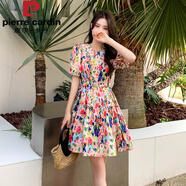 皮爾卡丹（pierre cardin）飄逸大裙擺連衣裙2023女新款多巴胺甜美風(fēng)粉色系裙子小個(gè)子碎花裙 彩虹花色 L <建議116-130斤>