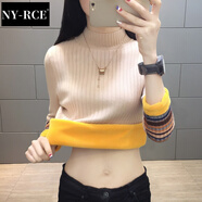 NY-RCE半高領(lǐng)加絨毛衣打底衫女新款秋冬女士加厚保暖修身內(nèi)搭針織衫 淺咖色(彩色袖) 加絨 S