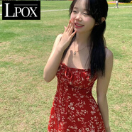 LPOX甜美日系vintage碎花吊帶連衣裙子女夏季休閑收腰無(wú)袖度假風(fēng)ins潮 KO紅色 高質(zhì)量不起球 S 適合60-85斤
