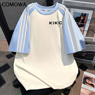 COMOWA街頭新款2025夏季男高街美式寬松百搭短袖時尚潮牌圓領(lǐng)印花 T恤-【A431NT】KIKC杏色拼藍(lán)色 XS