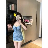 栩歐夏季吊帶包臀裙百搭女甜辣妹撞色格子吊帶連衣裙女2025新款夏季小 藍黃格連衣裙 S