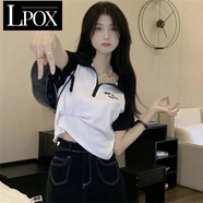 LPOX拼色百搭短袖polo領(lǐng)t恤女夏季美式復古韓版國潮牌短款高腰上衣ins 白色 L _105-120斤