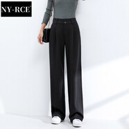 NY-RCE毛呢闊腿褲女秋冬高腰垂感新款褲子休閑加絨加厚寬松拖地長褲 黑色常規(guī)款(適合165以下) 加厚 M