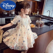 迪士尼（Disney）女童連衣裙夏裝新款洋氣夏款女孩潮流夏季童裝兒童裙子超仙 米白色  蝴蝶蕾絲裙 130