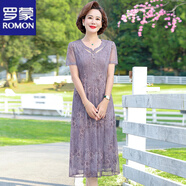 羅蒙（ROMON）印花連衣裙高檔媽媽裝洋氣臺灣紗透氣遮肉顯瘦中長款紗網(wǎng)連衣裙女 灰色 XL 【建議100斤-115斤】