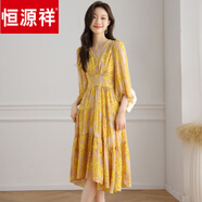 恒源祥夏裝新品高貴仙女裙女裝連身裙連衣裙女士氣質(zhì)黃收腰女衣輕奢洋氣 黃色 S