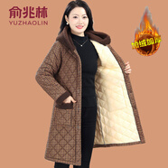 俞兆林（YUZHAOLIN）媽媽冬裝棉衣外套中長款保暖棉服中老年女裝加絨加厚格子連帽棉襖 咖啡格 XL (參考90-105斤)