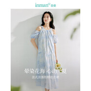 茵曼（INMAN）法式暈染女裝V領(lǐng)吊帶連衣裙2025夏季新品裙子 白底藍花-掛脖 L
