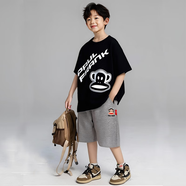 大嘴猴（paul frank）童裝夏季套裝2025新款男女童休閑短袖短褲中大童運動時尚兩件套 黑銀+灰色 110