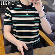 JEEP SPIRIT吉普男士桑蠶絲柔軟順滑短袖T恤夏季新款中青年潮流條紋百搭上衣 218黑色 M 165【建議90-120斤】