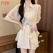 FSHE套裝女夏季2025年新款寬松顯瘦露肩收腰襯衫闊腿休閑短褲女兩件套 杏色套裝【絕美甜辣/海邊度假/森 M 【85-100斤】