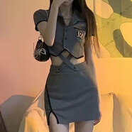 紫昕月學(xué)院風(fēng)年輕少女短款上衣短袖恤+半身裙開叉包臀裙子女短裙兩件套 灰色裙子 S