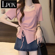 LPOX短袖女不規則方領(lǐng)短袖t恤女夏裝新款大碼抽繩款折褶百搭上衣女 粉紅色高質(zhì)量 XL :建議115-130斤