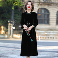 卡搭（kraallda）奢侈高檔品牌黑色真絲絲絨連衣裙女2025新款中式刺繡禮服寬松 黑色 L