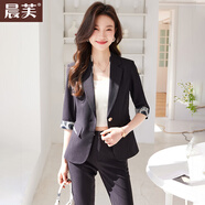 晨芙時(shí)尚小西裝外套女夏季薄款小個(gè)子休閑中袖西服套裝氣質(zhì)洋氣工作服 黑色西裝+西褲 XL 建議110-120斤