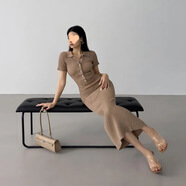 XCFREHT夏歐美式魚(yú)尾連衣裙女御姐長(cháng)款修身緊身小個(gè)子短袖 卡其色【版】 L