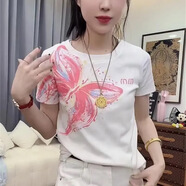 歐洛黛短袖t恤女夏裝2025新款寬松顯瘦圓領(lǐng)短袖上衣印花時(shí)尚百搭短袖女 白色(粉蝴蝶） XL 建議115-125斤