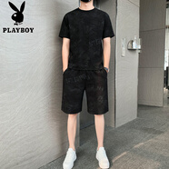 花花公子（PLAYBOY）短袖T恤男夏季休閑短褲冰絲套裝潮流2025夏季新款迷彩夏裝兩件套 黑色【冰絲一套裝】 M 【80-100斤】
