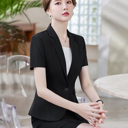 媚哥（Meige）小西裝女外套職業(yè)裝夏秋季長(zhǎng)袖套裝正裝大學(xué)生酒店銀行西服工作服 黑色短袖 薄款 【夏單扣西裝+褲】 4XL 碼【約135-145斤人穿】