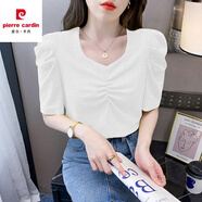 皮爾卡丹（pierre cardin）歐洲站短袖t恤女裝夏裝2025夏季新款潮ins設計感小眾泡泡袖上衣服 白色 S (建議80-95斤)