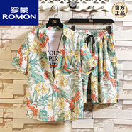 羅蒙（ROMON）花色度假沙灘短褲情侶搭配兩件套游泳班服冰絲套裝男速干短袖襯衫 T3330白色 套裝 M