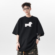 普戈斯（PUGESI）夏季港風(fēng)刺繡小狗短袖T恤男圓領(lǐng)寬松青少年潮流半袖上衣大碼男裝 黑色 M