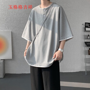 玉格格吉祥（YGGJX）超大碼假兩件亨利領(lǐng)T恤男士短袖拼接300斤胖子戶外休閑半袖體恤男 灰色 4XL 建議180-200斤