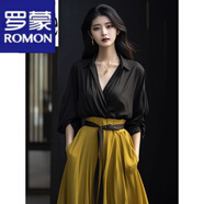 羅蒙（ROMON）連衣裙女2023秋季新款職場(chǎng)高級(jí)感穿搭V領(lǐng)襯衫裙寬松撞色氣質(zhì)裙子 黑兩件套 XL