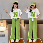 奧米鼠童裝女童套裝夏裝韓版兒童套裝中大童休閑T恤褲子夏季女孩兩件套 綠色 130 建議身高1米2左右