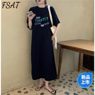 FSATT恤連衣裙女長(zhǎng)款夏季2025新款慵懶風(fēng)寬松休閑直筒超長(zhǎng)裙子到腳踝 黑色【慵懶風(fēng)/寬松/韓版/遮臀/長(zhǎng) 2XL 建議145-165斤