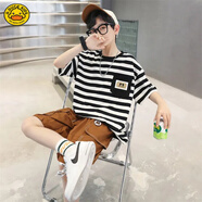 G.DUCKKIDS小黃鴨2025年新款男童夏裝套裝中大兒童裝夏季男孩短袖時髦兩件套 黑色【條紋】 120 cm 建議不胖身高106-115拍