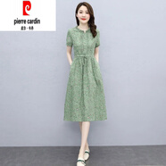 皮爾卡丹（pierre cardin）棉麻連衣裙夏天薄款2025年新款女裝小個(gè)子中長款夏季減齡碎花裙子 果綠色 2XL (建議125-135斤)