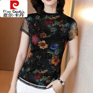 皮爾卡丹（pierre cardin）印花雪紡衫女彈力網(wǎng)紗冰絲透氣t恤夏圓領(lǐng)短袖修身仿打底衫女隨性 艷麗花朵半高領(lǐng) L 100-110斤