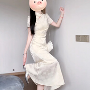 熒蒂2025年新款改良旗袍連衣裙子夏季新中式國風(fēng)女裝氣質(zhì)收腰白色長裙 灰色 S