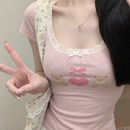 巧丂少女感滿分奶酷小熊多巴胺帶胸墊短袖可愛(ài)甜美修身短袖女T恤春夏 粉色 【固定胸墊】 均碼 （建議80-125斤）