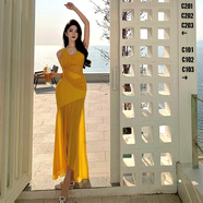 微愛(ài)的小松鼠（weiaidexiaosongshu）旅游度假拍照沙灘裙欲性感網(wǎng)紗斜肩吊帶連衣裙包臀長(cháng)裙 黃色 S