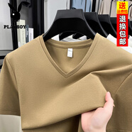 花花公子（PLAYBOY）桑蠶絲短袖體恤爸爸裝男士夏季薄時尚中青年冰-絲t恤衫V領打底上 姜黃 M