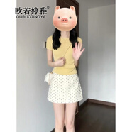 歐若婷雅新品連衣裙小個子正肩短袖t恤女a(chǎn)字半身裙子套裝女兩件套夏季女裝 黃色上衣+波點裙 M